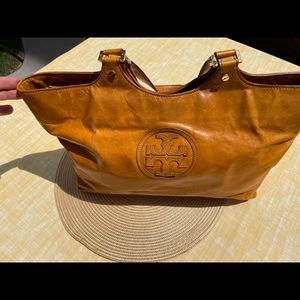 Tory Burch Leather Bombe Tote ShoulderBag Caramel Brown